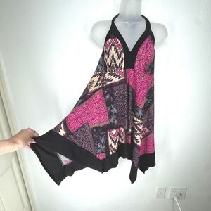 Vintage Y2K Babydoll‎ Patchwork Tribal Halter Handkerchief Hem Tunic Top Large